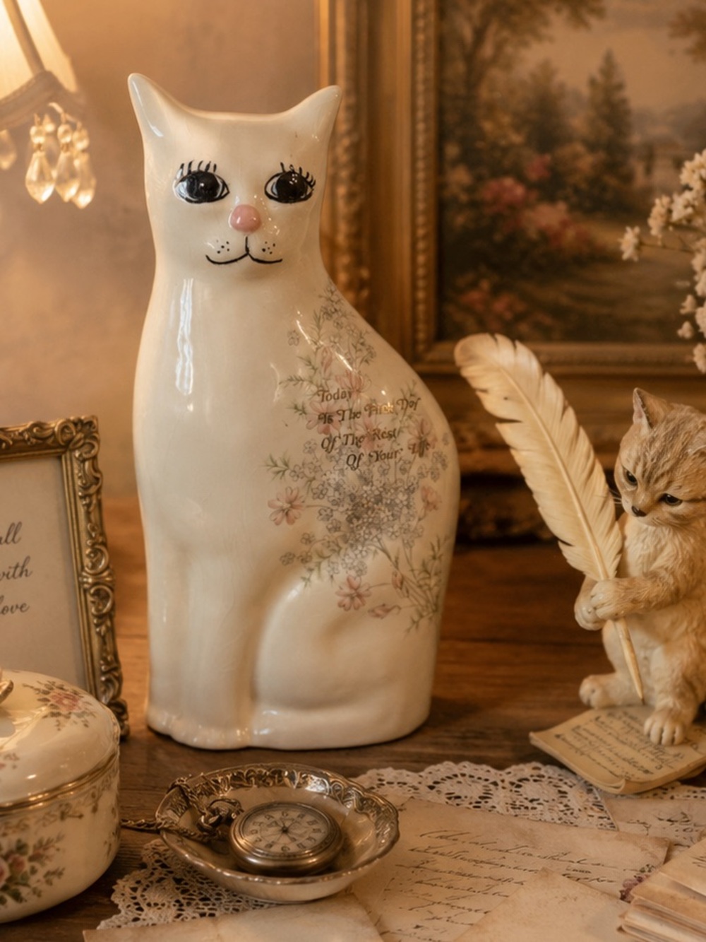 Rare vintage 1986 floral ceramic friendship cat figurine - Picture 1 of 12